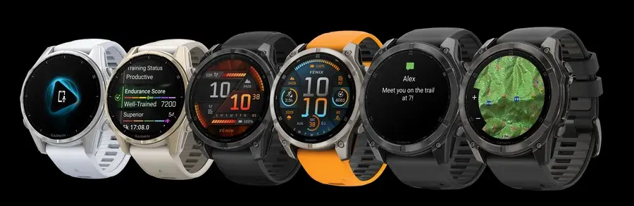Familia completa Garmin Fénix 8 con sus diferentes variantes de tamaño y color