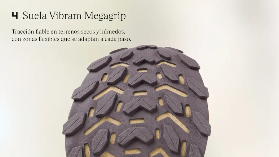 Suela Vibram Megagrip de la NNormal Cadí vista desde abajo mostrando el taqueado de 4 mm